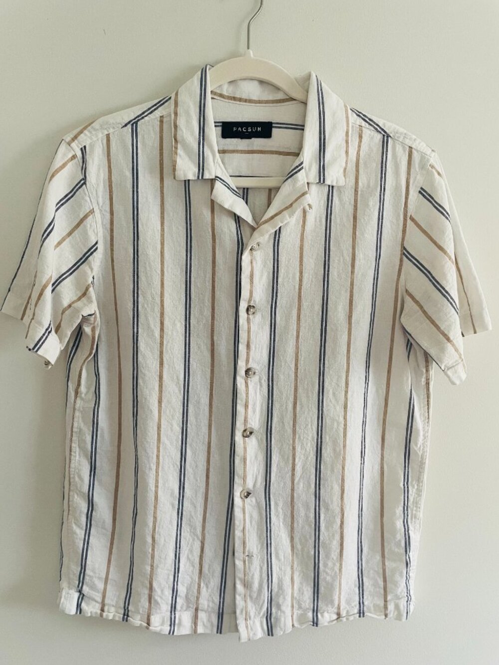 PacSun Men's Linen Blend Short Sleeve Men's Shirt - White w/ Stripes, Size Small